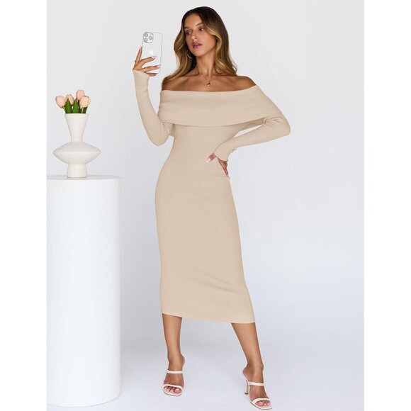 Merokeety Women's Apricot Off Shoulder Long Sleeve Elegant Bodycon Dress - Picture 7 of 9